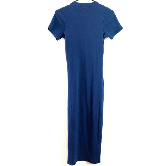 NSF Collins Ribbed Short Sleeve Slit Midi Bodycon Dress in Deep Sea Blue Medium - Picture 5 of 7